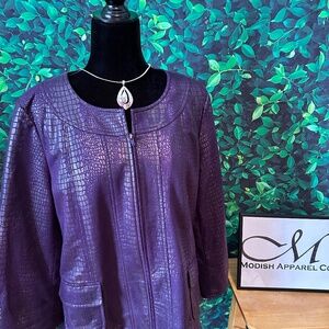 Susan Graver Blazer Jacket Womens L Purple Snake Print Full Zip 3/4 Bell Sleeve